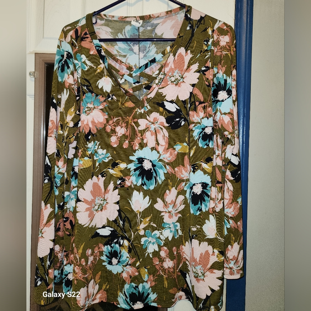 Large "Sew in Love" long sleeve shirt. dark olive green floral